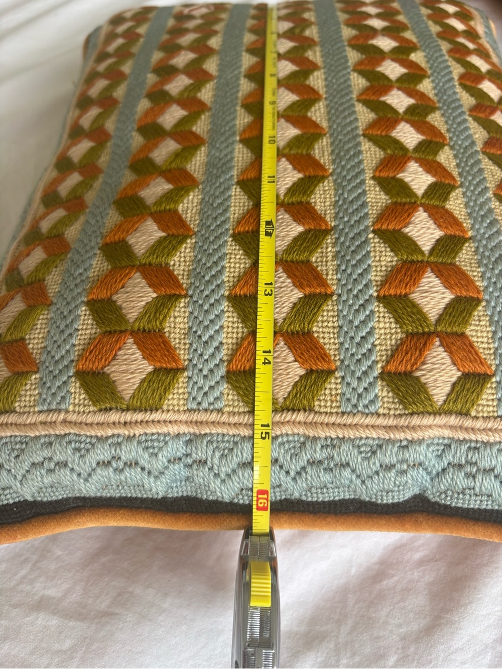 Vintage 1960s Handmade Needlepoint Pillow Geometric Wool Orange Velvet 16x13 MCM - Picture 8 of 8